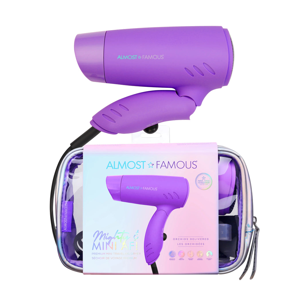 Almost Famous Mighty AF Orchids Delivered Mini Travel Hair Dryer Purple w/Silver Iridescent Bag