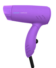 Load image into Gallery viewer, Almost Famous Mighty AF Orchids Delivered Mini Travel Hair Dryer Purple w/Silver Iridescent Bag