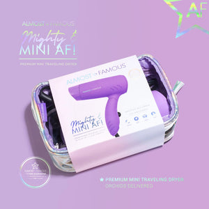 Almost Famous Mighty AF Orchids Delivered Mini Travel Hair Dryer Purple w/Silver Iridescent Bag
