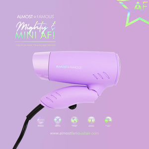 Almost Famous Mighty AF Orchids Delivered Mini Travel Hair Dryer Purple w/Silver Iridescent Bag