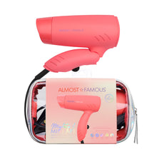 Load image into Gallery viewer, Almost Famous Mighty AF Santa Monica Sunset Mini Travel Hair Dryer Pink w/Silver Iridescent Bag