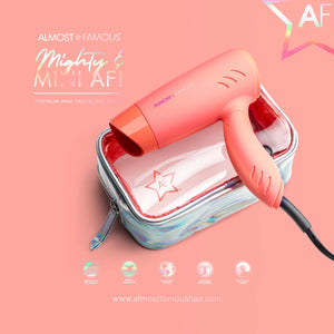 Almost Famous Mighty AF Santa Monica Sunset Mini Travel Hair Dryer Pink w/Silver Iridescent Bag
