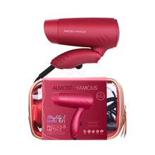 Load image into Gallery viewer, Almost Famous Mighty AF Scarlet Mini Travel Hair Dryer Red w/Rose Gold Iridescent Bag