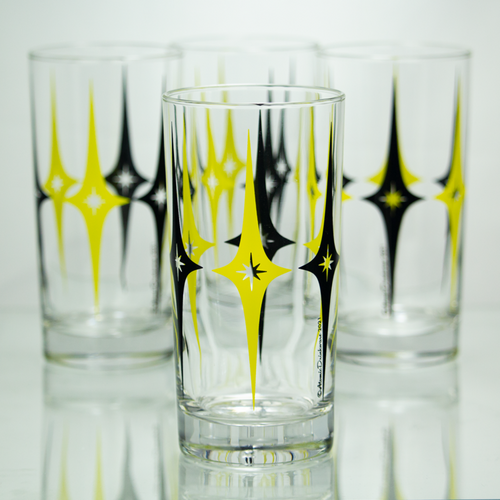 Atomic Drinkware Starburst Diamonds Collins Glasses Set of 4 Yellow & Black