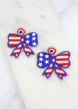 Load image into Gallery viewer, Patriotic Bow Betsy Ross Large Beaded Earrings Blue