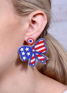 Patriotic Bow Betsy Ross Large Beaded Earrings Blue