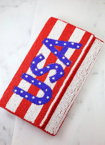 Patriotic Striped USA Beaded Crossbody/Clutch Red