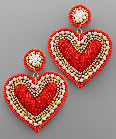 Large Seed Bead Beaded Heart Earrings Red