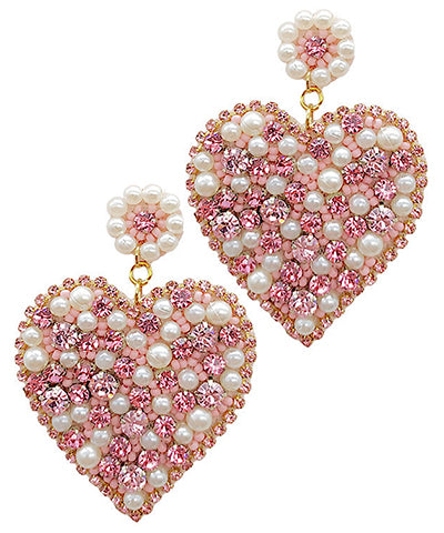 Large Bling/Pearl/Seed Bead Beaded Heart Earrings Pink