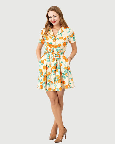 Eva Rose Orange Print Fit & Flare Shirt Dress Ivory