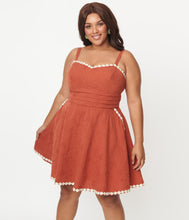 Load image into Gallery viewer, Unique Vintage Follow Your Heart Fit &amp; Flare Daisy Trim Dress Rust