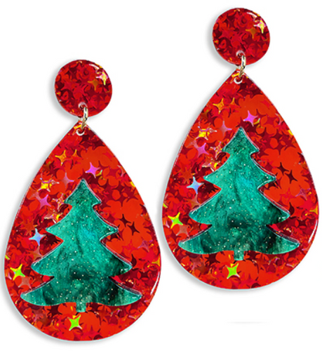 Christmas Tree Tear Drop Glitter Resin Dangle Earrings Red