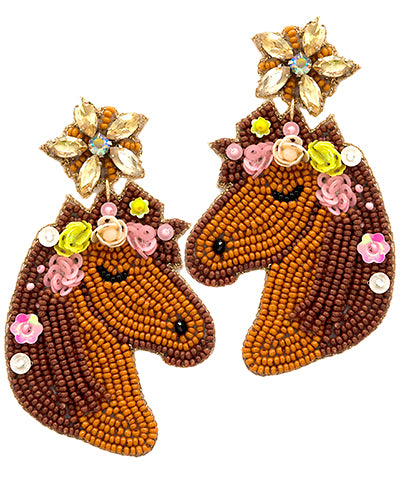 Derby Horse Seed Bead Beaded Earrings Brown