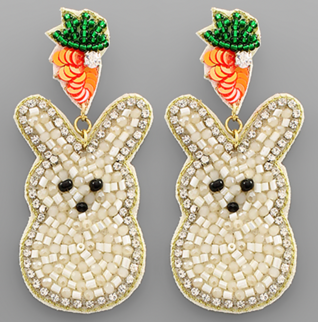 Easter Bunny Bling Seed Bead Beaded Earrings White