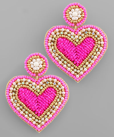 Large Seed Bead Beaded Heart Earrings Fuchsia Pink