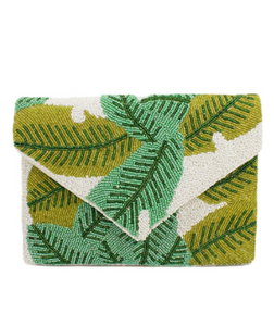 Palm Leaf Beaded Clutch/ Crossbody Bag Green