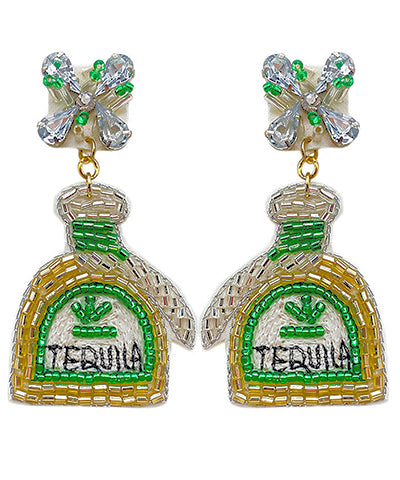 Tequila Bottle Seed Bead Beaded Earrings Green/Gold