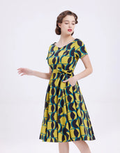Load image into Gallery viewer, Miss Lulo Geometric Moon River Bella Swing Dress Olive Mustard/Teal