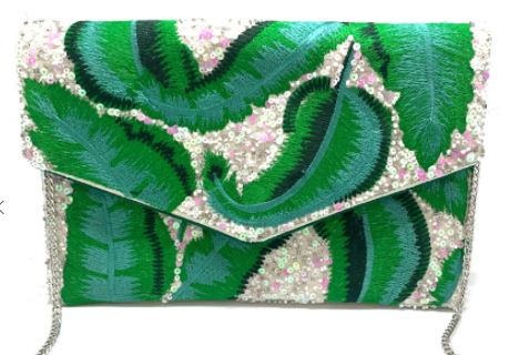 Palm Leaf Embroidered Sequin Beaded Clutch/ Crossbody Bag