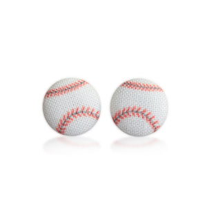 Baseball Fabric Covered Button Earrings White