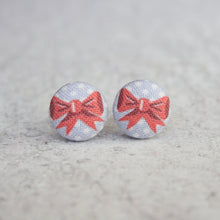 Load image into Gallery viewer, Bow Polka Dot Fabric Covered Button Earrings
