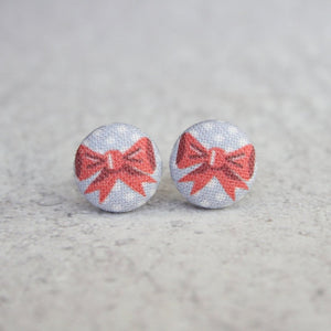 Bow Polka Dot Fabric Covered Button Earrings
