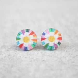 Kaleidoscope Daisy Fabric Covered Button Earrings