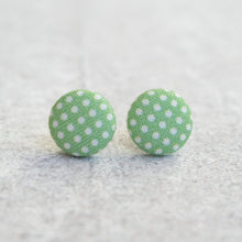 Load image into Gallery viewer, Lawn Dots Green Fabric Covered Button Earrings