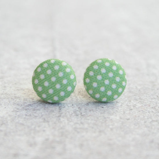 Lawn Dots Green Fabric Covered Button Earrings