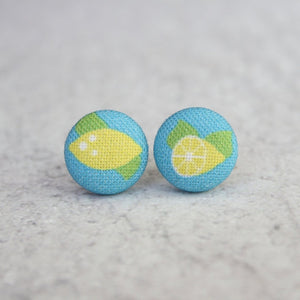 Lemon Blue Fabric Covered Button Earrings