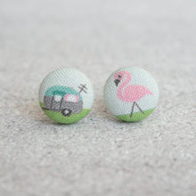Load image into Gallery viewer, Livin&#39; The Life Camper &amp; Flamingo Fabric Covered Button Earrings