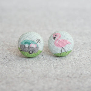 Livin' The Life Camper & Flamingo Fabric Covered Button Earrings
