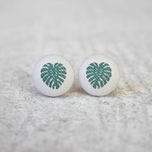 Load image into Gallery viewer, Monstera Fabric Covered Button Earrings
