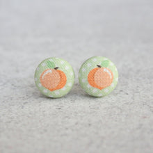 Load image into Gallery viewer, Peach Polka Dot Fabric Covered Button Earrings