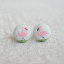 Load image into Gallery viewer, Pink Flamingo Fabric Covered Button Earrings