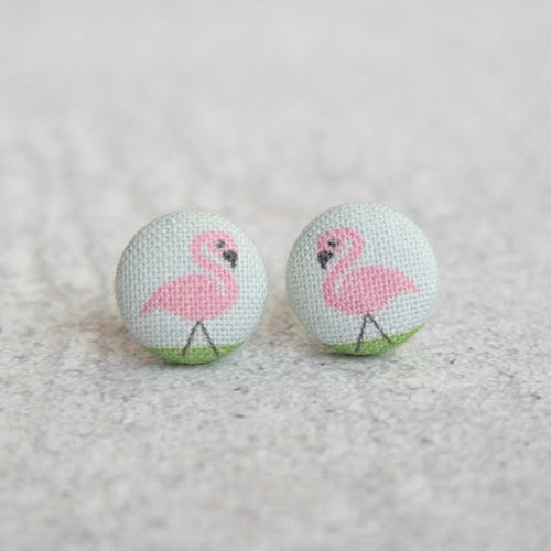 Pink Flamingo Fabric Covered Button Earrings