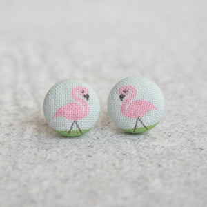 Pink Flamingo Fabric Covered Button Earrings