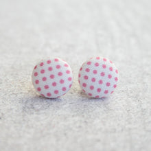 Load image into Gallery viewer, Pink Polka Dot Fabric Covered Button Earrings