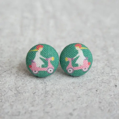 Pink Scooter Fabric Covered Button Earrings