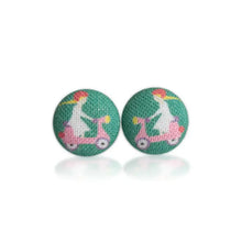 Load image into Gallery viewer, Pink Scooter Fabric Covered Button Earrings