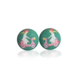 Pink Scooter Fabric Covered Button Earrings