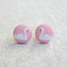 Load image into Gallery viewer, Pink Swans Fabric Covered Button Earrings