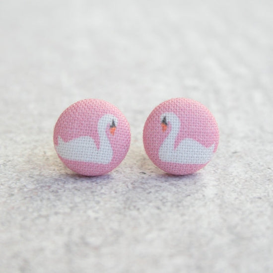 Pink Swans Fabric Covered Button Earrings