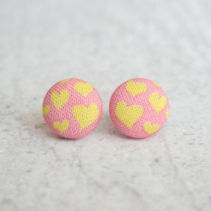Pink & Yellow Warm Hearts Fabric Covered Button Earrings