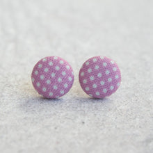Load image into Gallery viewer, Purple Polka Dot Fabric Covered Button Earrings