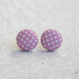 Purple Polka Dot Fabric Covered Button Earrings