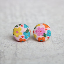 Load image into Gallery viewer, Retro Flowers Fabric Covered Button Earrings Pink