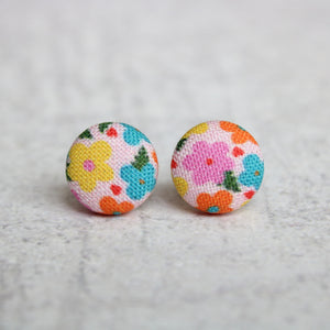 Retro Flowers Fabric Covered Button Earrings Pink