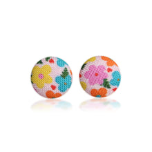 Load image into Gallery viewer, Retro Flowers Fabric Covered Button Earrings Pink