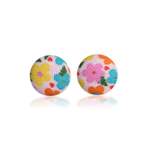 Retro Flowers Fabric Covered Button Earrings Pink